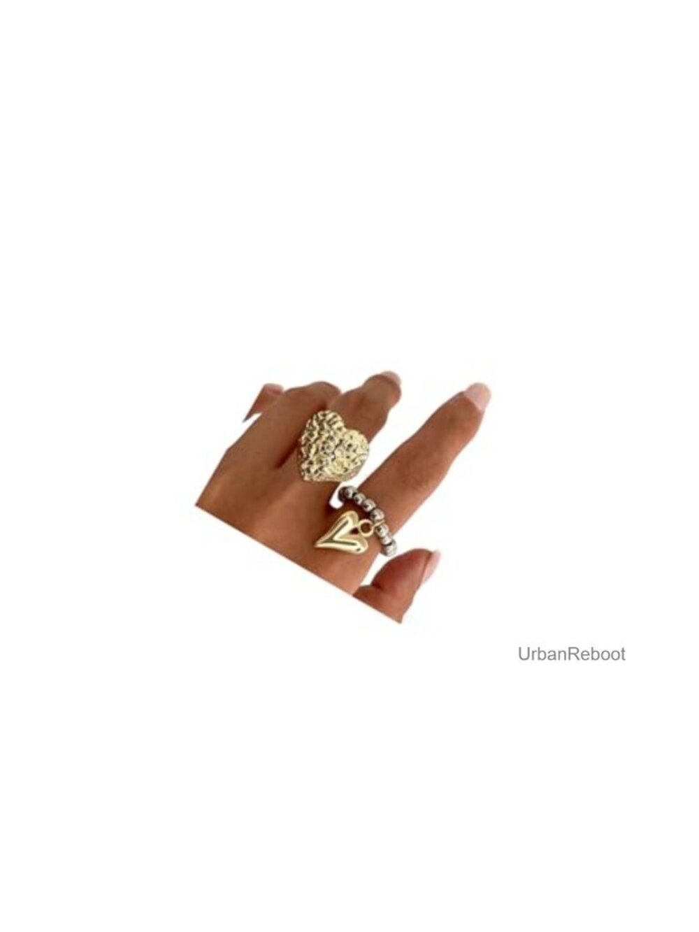 Chunky Gold Plated Heart Hammered Ring Set, Dainty Stackable Beaded Pleated